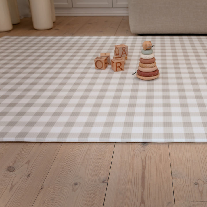 Gingham Dune (grå/beige tern) skumgulv – sikker og dekorativ legemåtte til børn i Stor størrelse