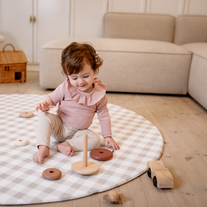 Gingham Dune (grå/beige tern) skumgulv – sikker og dekorativ legemåtte til børn i Rund størrelse
