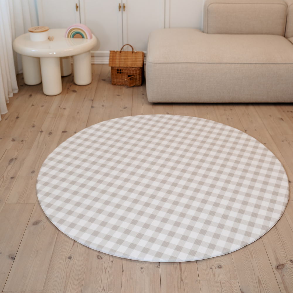 Gingham Dune (grå/beige tern) legemåtte – blød og støttende skum til leg i stuen eller børneværelset